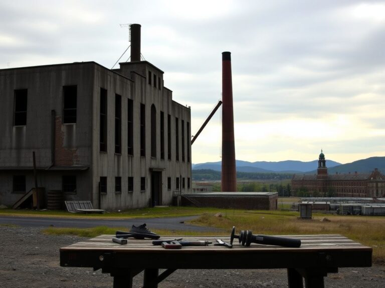 Flick International Weathered factory building representing the struggles of the working class