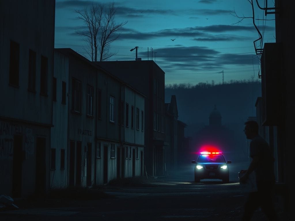 Flick International A shadowy police vehicle in a desolate urban environment symbolizes law enforcement's fight against crime