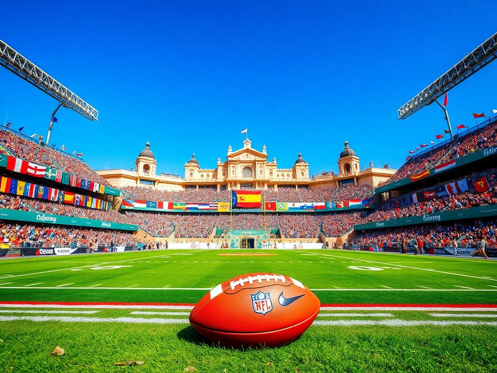 Flick International Bustling American football stadium in Spain with NFL logos and vibrant culture
