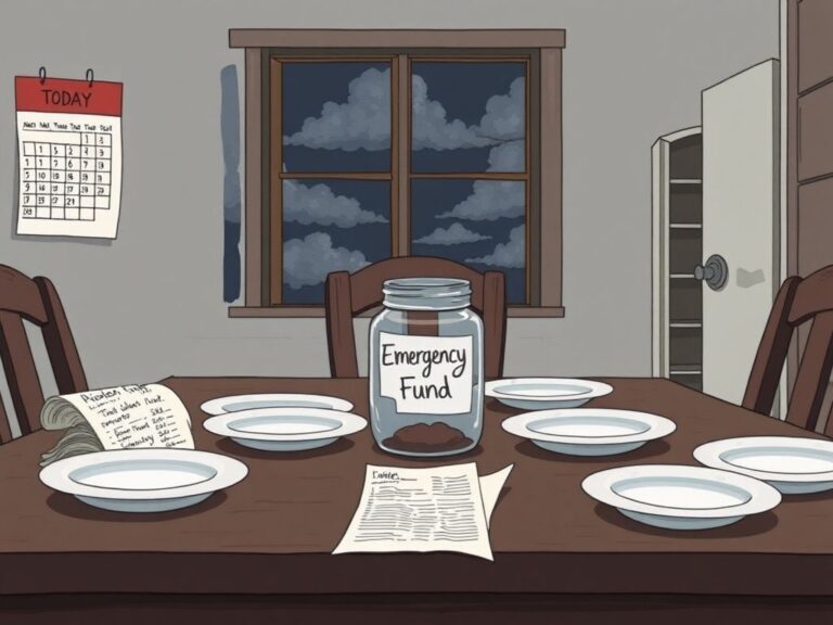 Flick International A kitchen table cluttered with empty plates and an abandoned grocery list, illustrating food scarcity and uncertainty during a government shutdown.