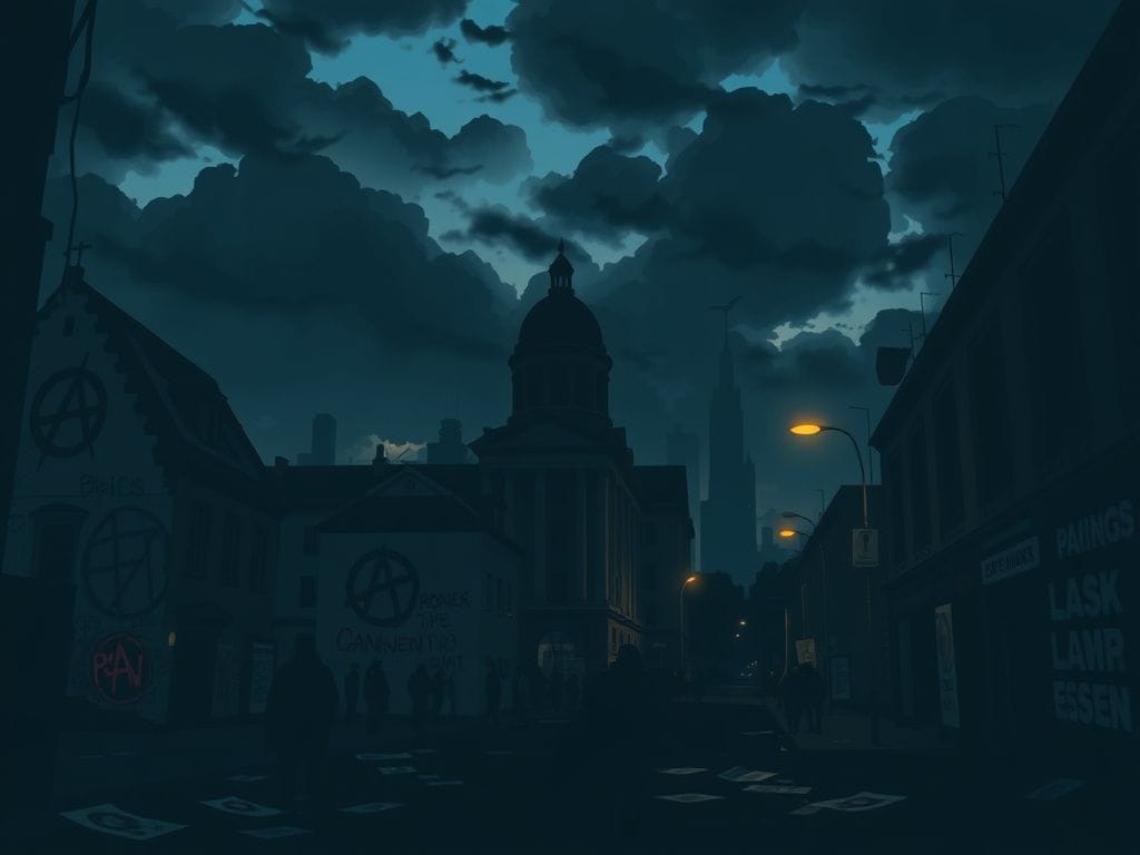 Flick International Dark cityscape at dusk with crumbling government buildings and graffiti art depicting anarchist symbols