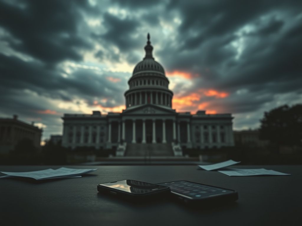 Flick International Dramatic view of the U.S. Capitol building with discarded cell phones symbolizing privacy concerns