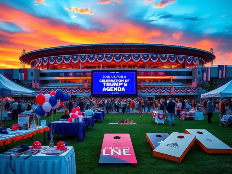 Flick International Festive outdoor scene of a Republican convention with patriotic decorations and merchandise
