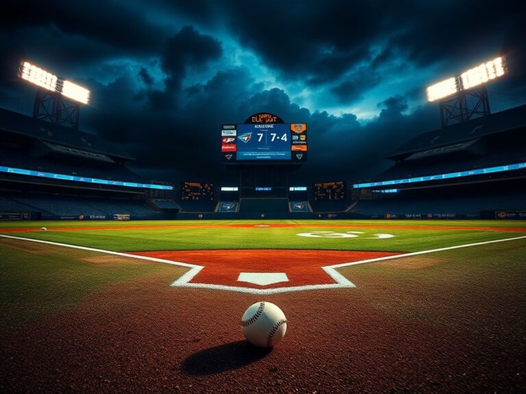 Flick International Twilight scene of an empty baseball diamond at the Toronto Blue Jays' stadium, highlighting nostalgia after a championship game.