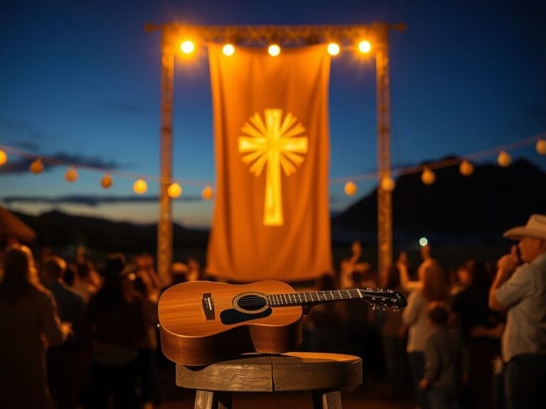 Flick International A serene rodeo stage with a guitar and a cross banner symbolizing tribute and faith