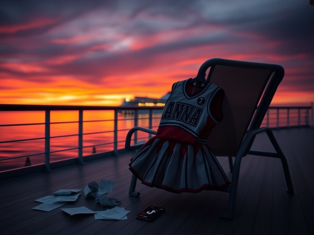 Flick International A serene sunset scene on a cruise ship deck with an empty cheerleading uniform and scattered love letters reflecting themes of loss.