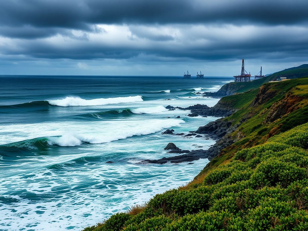 Flick International Ocean waves crashing against a rugged California shoreline with oil drilling platforms in the background