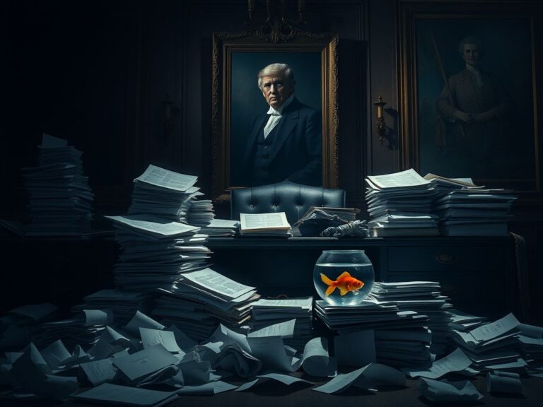 Flick International A cluttered desk in an ornate office filled with documents and a shadowy portrait reflecting political intrigue