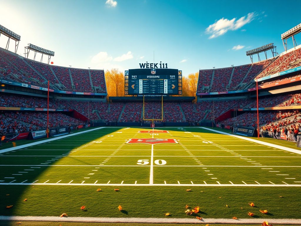 Flick International A vibrant autumn stadium scene during an NFL game day with team flags and a digital scoreboard.