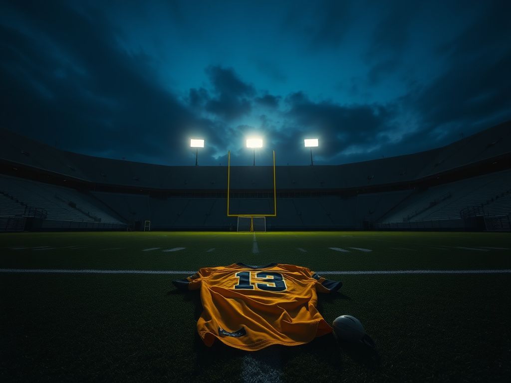 Flick International Empty football stadium at dusk with scattered floodlights and a discarded yellow jersey symbolizing turmoil