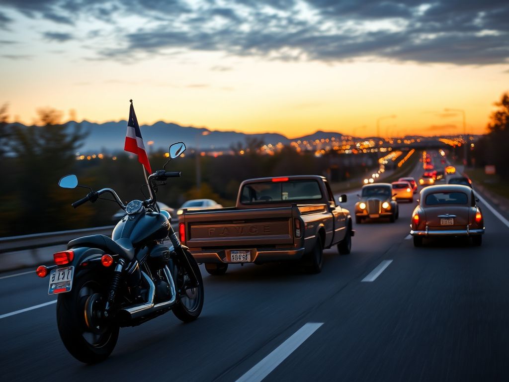 Flick International A bustling highway scene with diverse vehicles during twilight, symbolizing lawmakers' unconventional journeys to Washington, D.C.