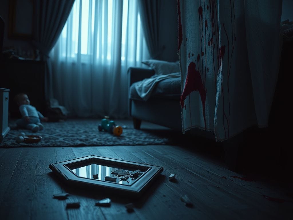 Flick International Dimly lit living room symbolizing domestic violence with shattered picture frame and child’s toy