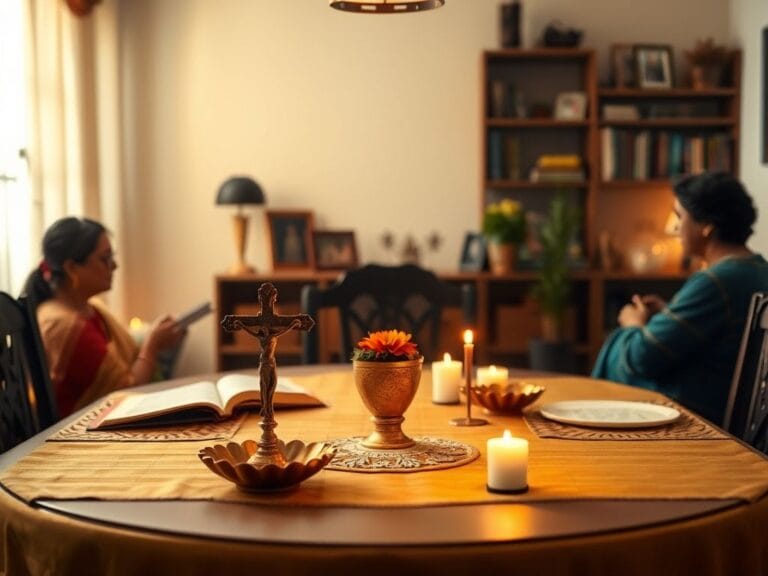 Flick International A beautifully arranged dining table symbolizing interfaith harmony with Christian and Hindu elements.