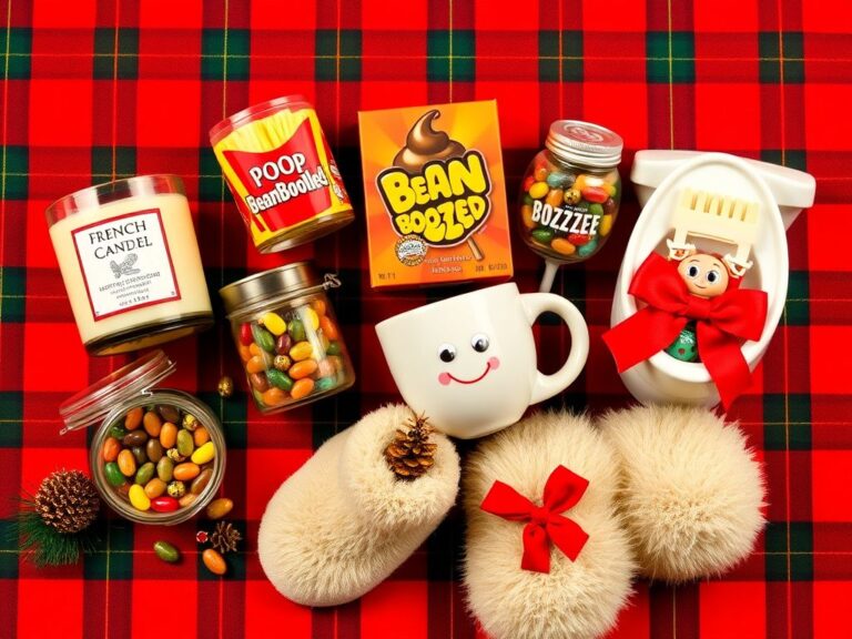 Flick International Artistic flat lay of humorous gross holiday gifts including a french fry-scented candle, poop emoji stress ball, and BeanBoozled jellybeans