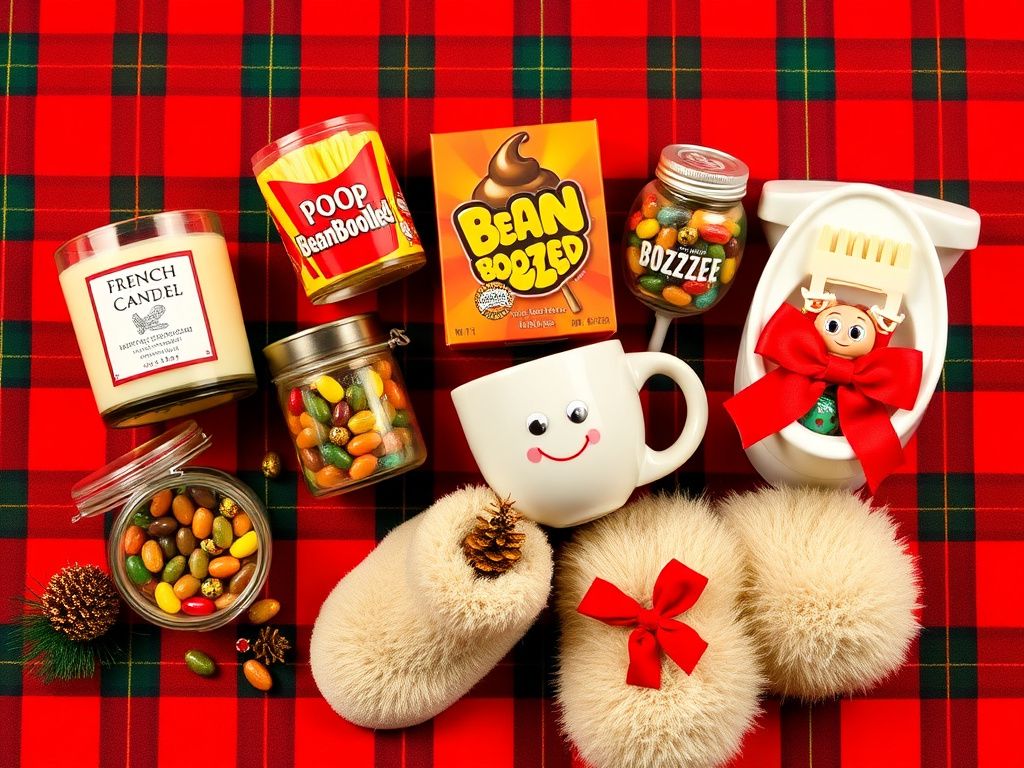 Flick International Artistic flat lay of humorous gross holiday gifts including a french fry-scented candle, poop emoji stress ball, and BeanBoozled jellybeans