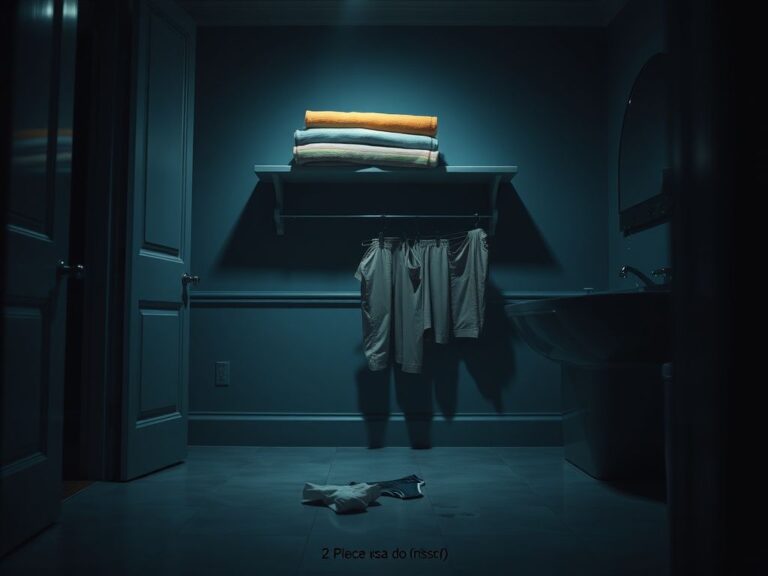 Flick International Image of a dimly lit laundry room with a beach towel prominently displayed on a shelf, hinting at unsettling events.