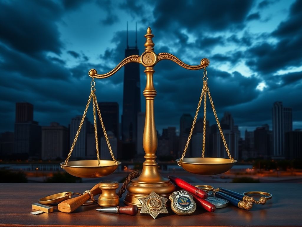 Flick International Dramatic Chicago skyline at dusk with a symbolic balance scale representing justice