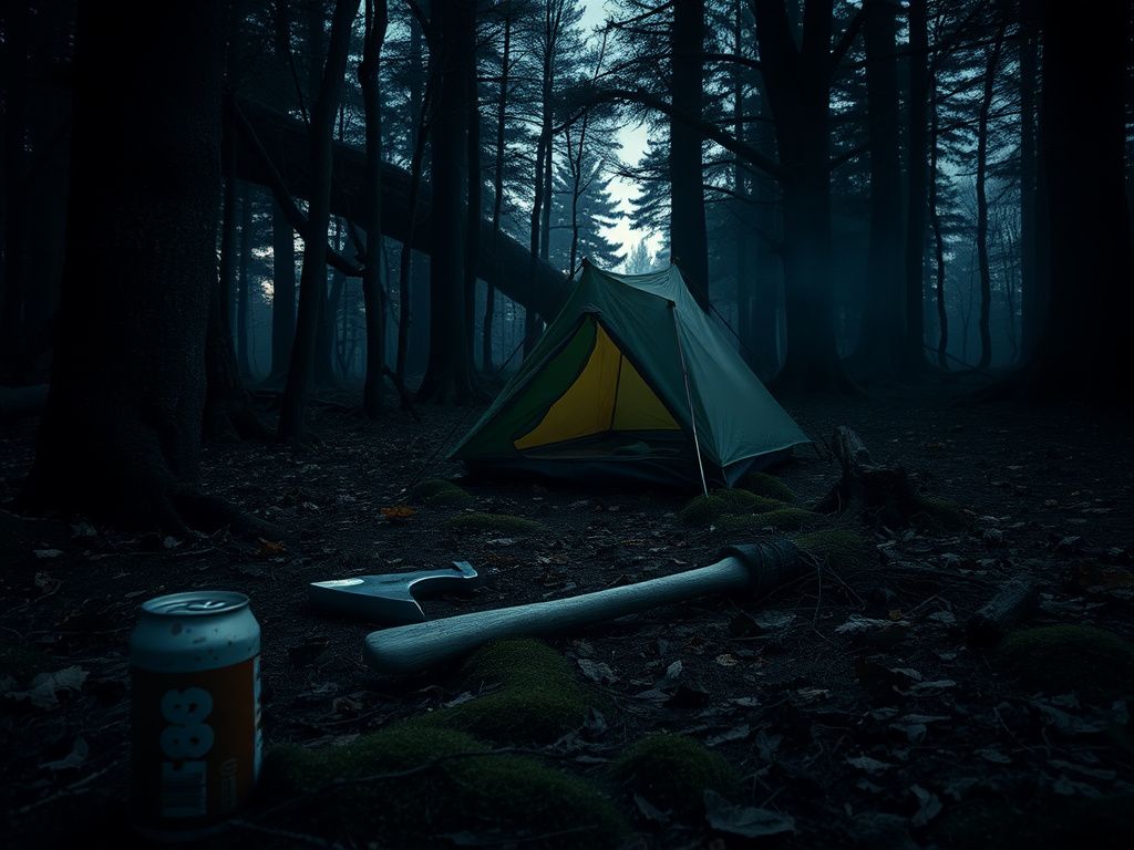 Flick International Moody woodland campsite scene with a partially collapsed tent, discarded axe, and rusted beer can, depicting a crime scene.
