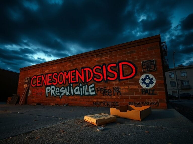 Flick International A somber urban landscape at dusk featuring a brick wall with graffiti symbolizing censorship and prejudice.