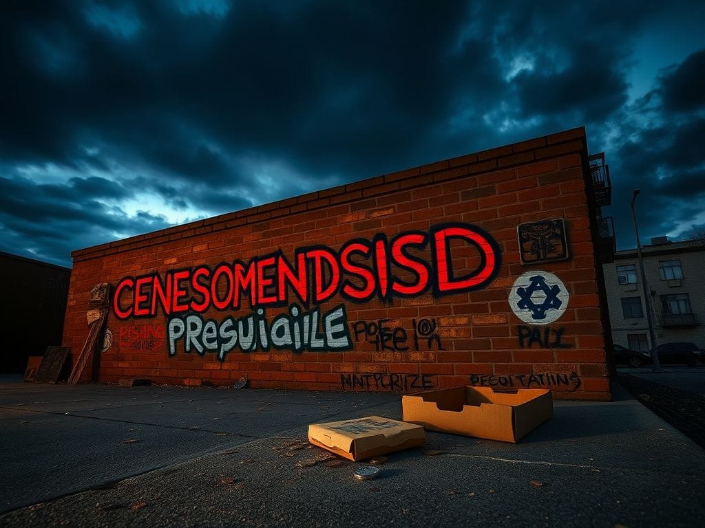 Flick International A somber urban landscape at dusk featuring a brick wall with graffiti symbolizing censorship and prejudice.