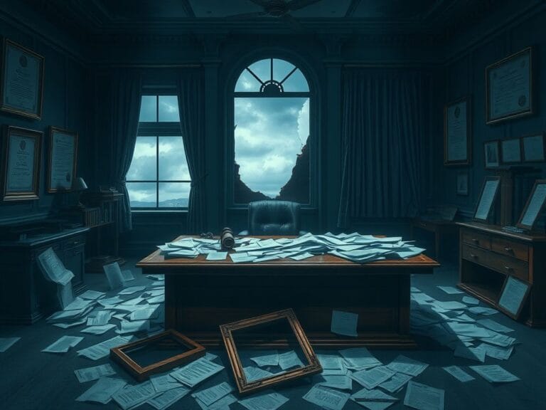 Flick International Dimly lit office space with a broken window and scattered papers illustrating disruption and tension