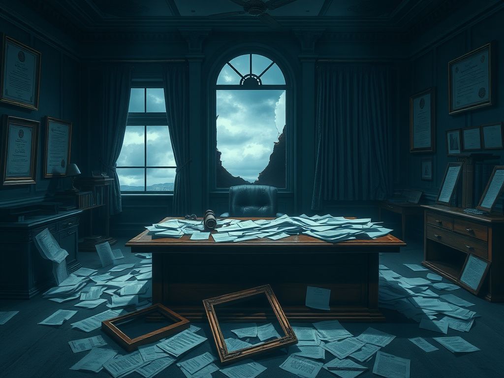 Flick International Dimly lit office space with a broken window and scattered papers illustrating disruption and tension