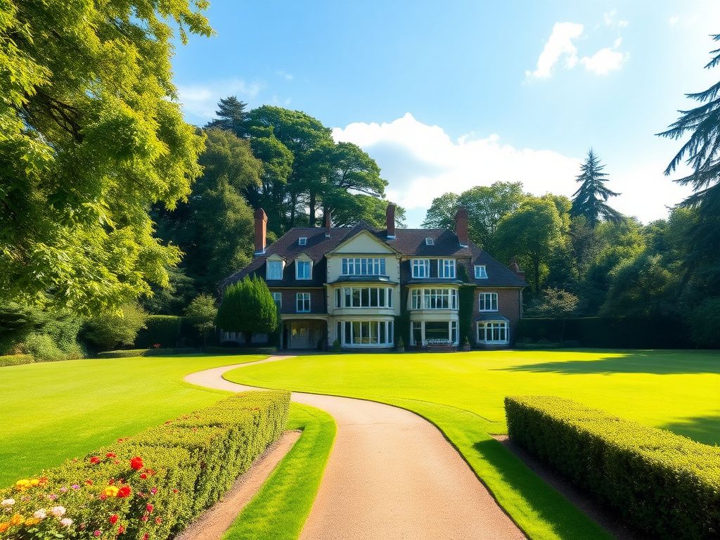 Flick International Serene view of Forest Lodge, an elegant eight-bedroom house in Windsor Great Park surrounded by lush greenery.