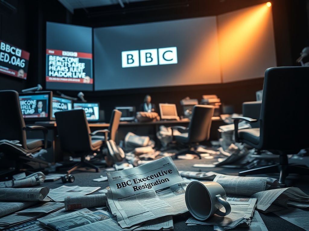 Flick International Chaotic newsroom environment illustrating the turmoil following the BBC's editing scandal regarding Trump's January 6 remarks.