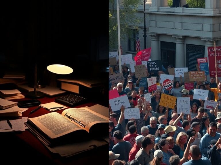 Flick International A split image contrasting a cluttered office desk with an open book titled 'Independent' and a vibrant protest scene advocating for social justice.