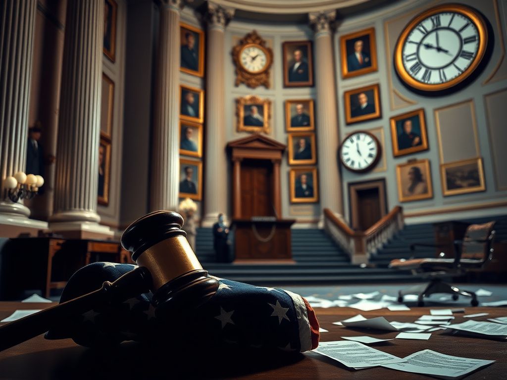 Flick International Dramatic political scene inside U.S. Capitol showcasing architectural grandeur and intense congressional debate