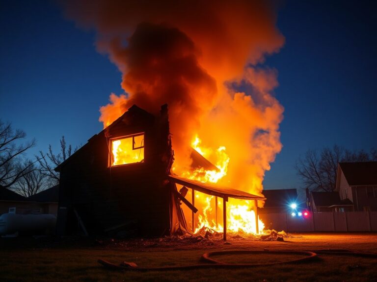 Flick International A charred house engulfed in flames with a broken second-floor window depicting a dramatic escape.