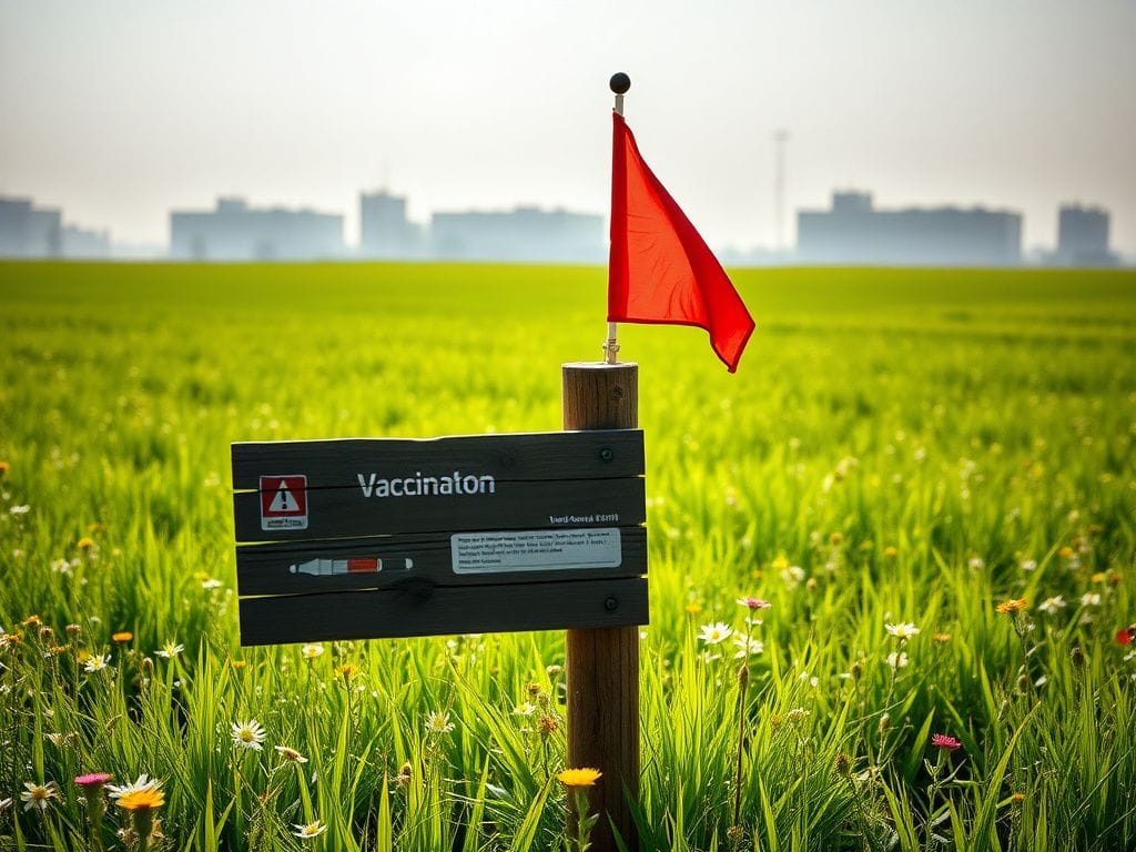 Flick International Close-up shot of a bright green field with wildflowers and a wooden signpost indicating vaccination information alongside a hospital in the background