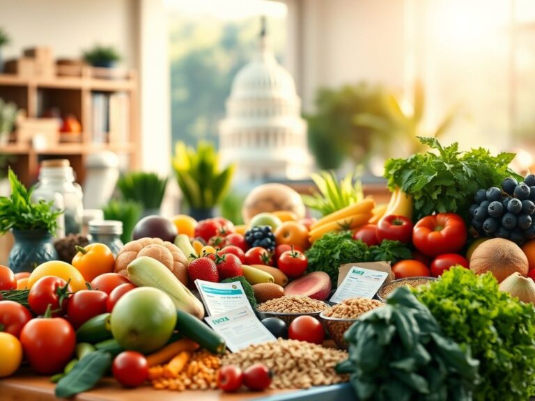 Flick International A vibrant table overflowing with fresh foods symbolizing the Supplemental Nutrition Assistance Program (SNAP) amidst a blurred backdrop of the U.S. Capitol building.
