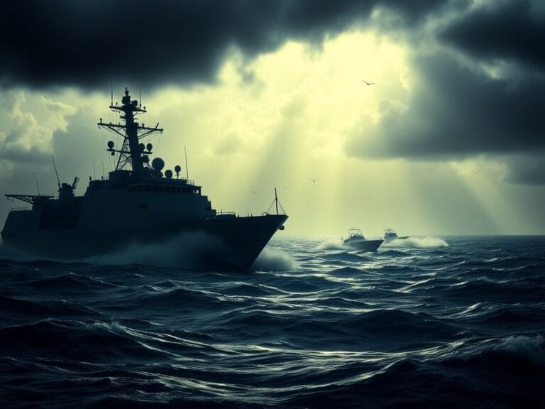 Flick International A large naval vessel navigating turbulent Caribbean waters amid a stormy sky