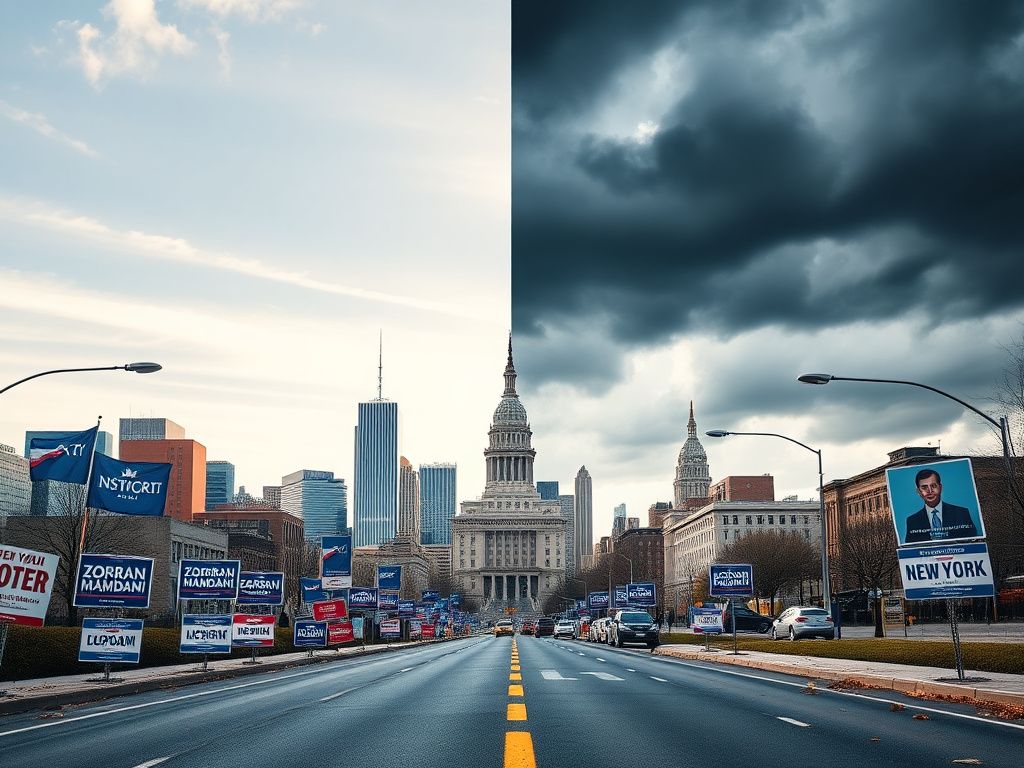Flick International Split city skyline of New York representing political division with traditional democratic symbols on one side and democratic socialism on the other.