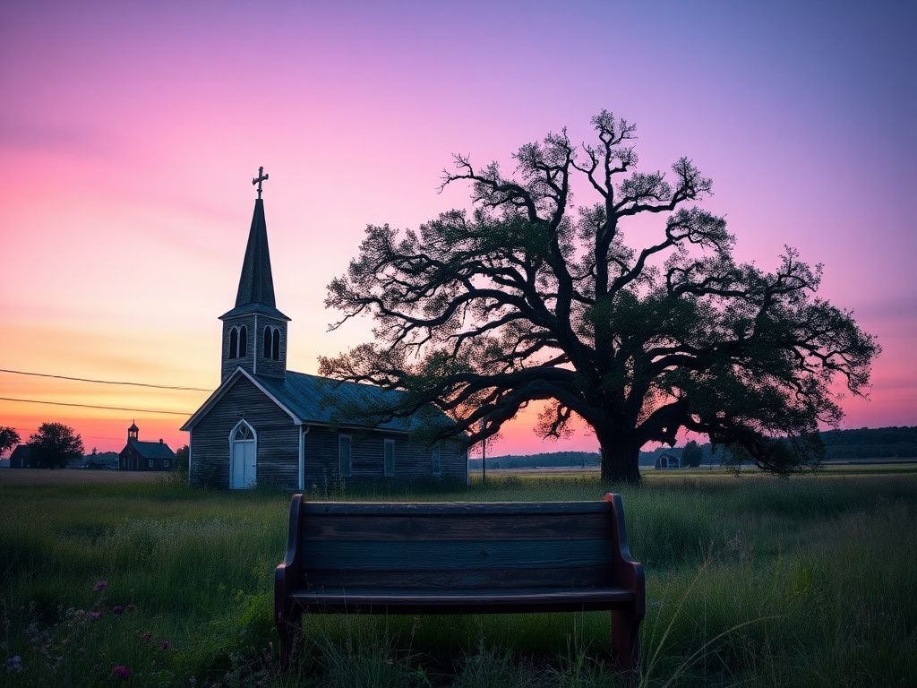 Flick International A weathered church steeple against a twilight sky, representing a decline in faith.