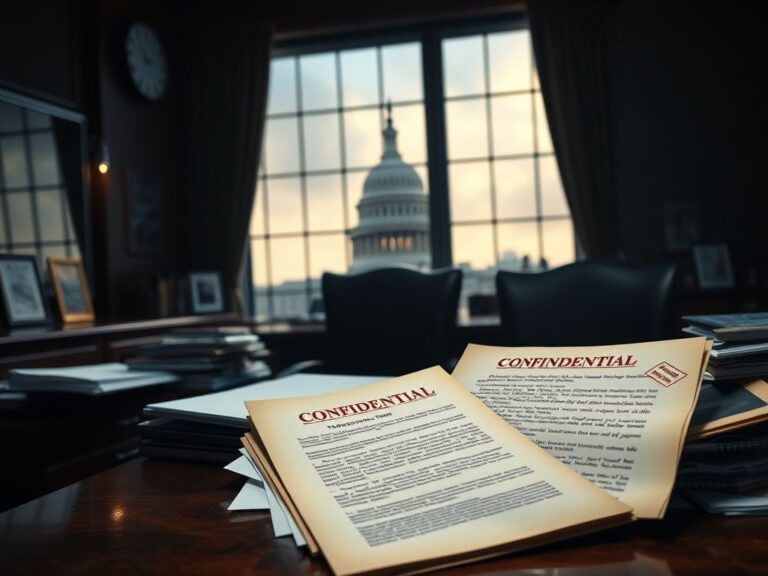 Flick International Dimly-lit office scene with important documents and Capitol building outline