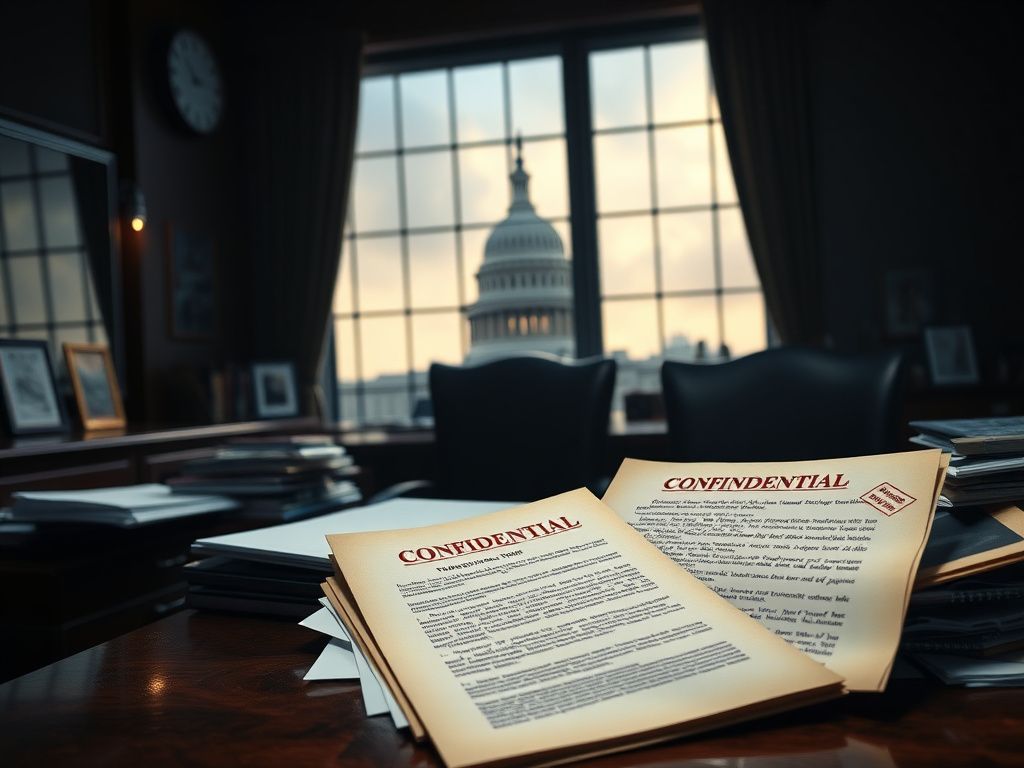 Flick International Dimly-lit office scene with important documents and Capitol building outline