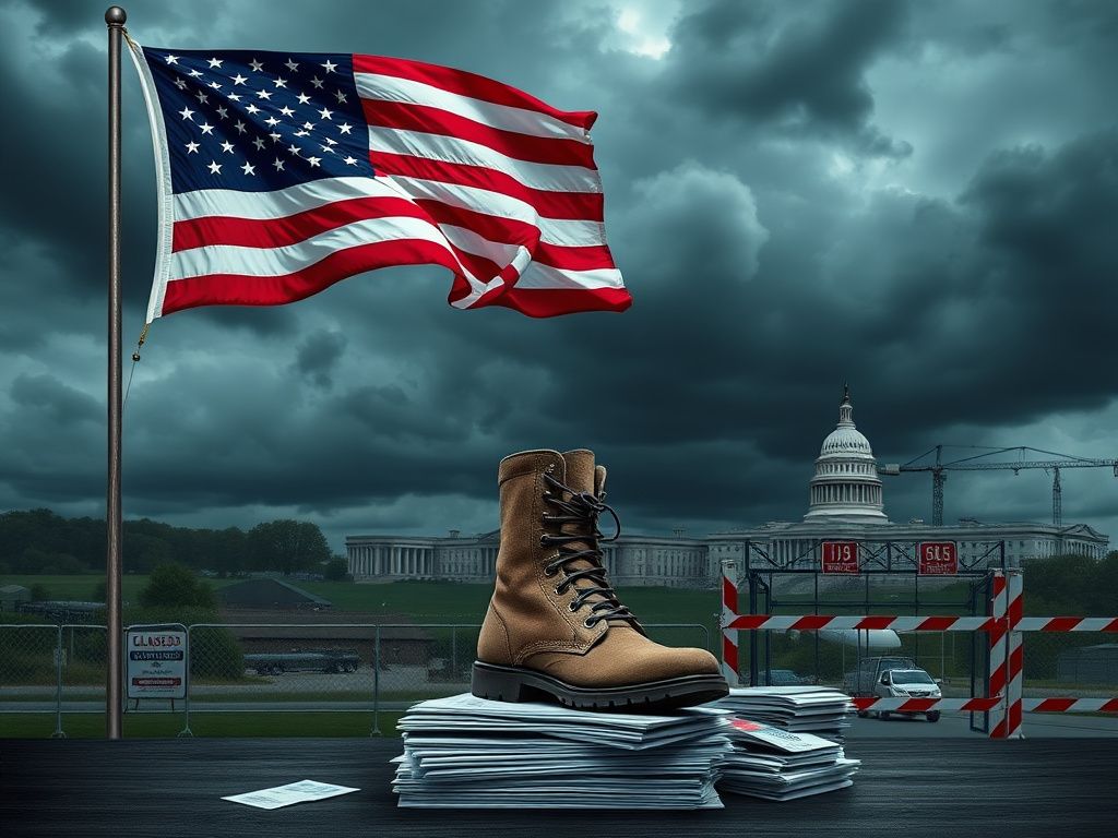 Flick International Symbolic representation of a government shutdown featuring a broken American flag, military boot, unpaid bills, and empty government buildings
