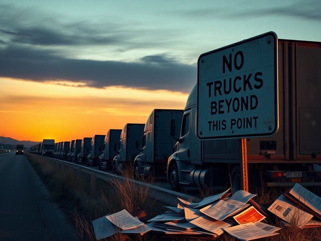 Flick International Abandoned semi-trucks lined up on a California highway symbolizing regulatory fallout