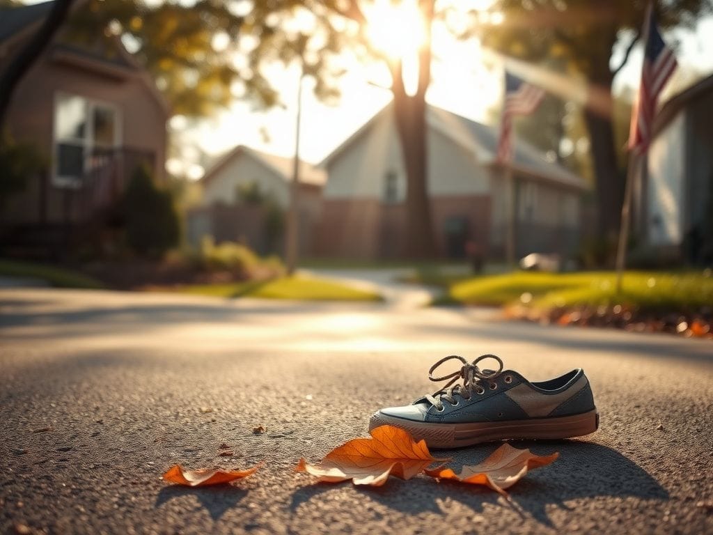 Flick International Abandoned sneakers on a quiet suburban street in Braddock, Pennsylvania, symbolizing fragility and community support.