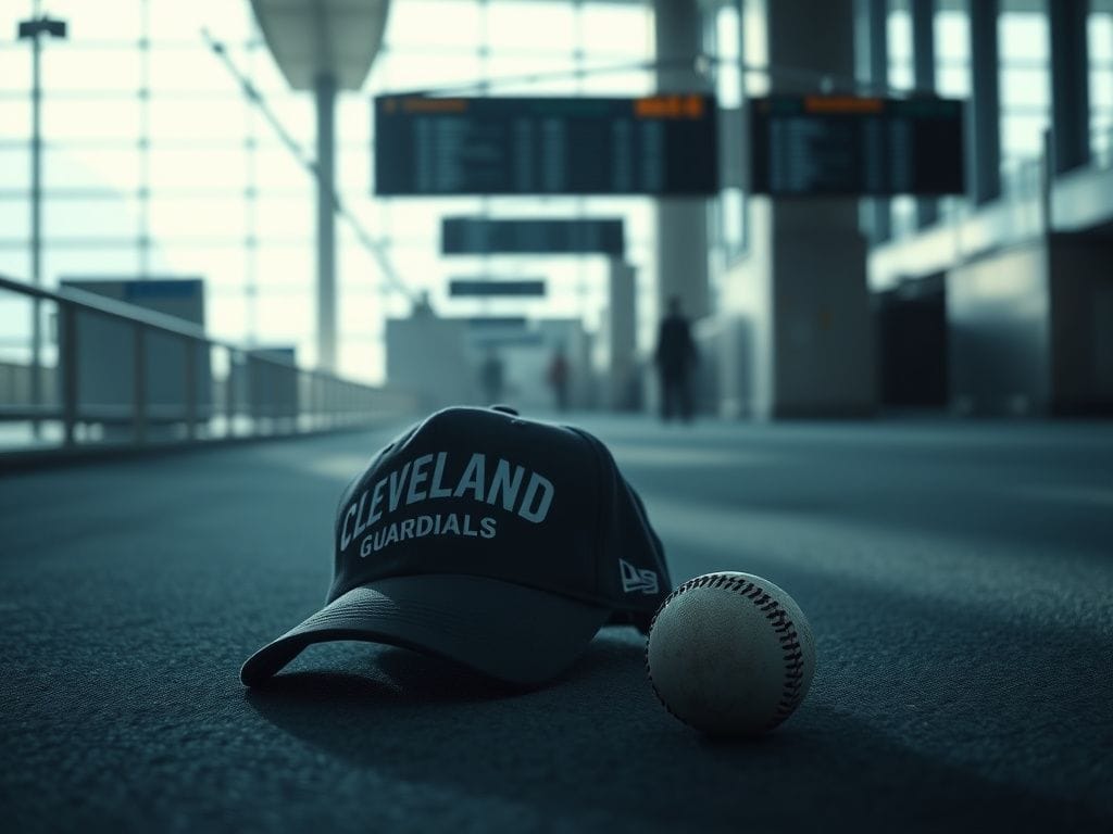 Flick International Cleveland Guardians baseball cap lying on the ground at JFK Airport baggage claim