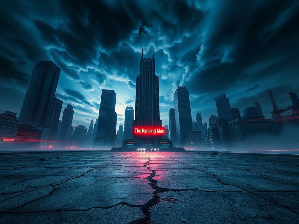 Flick International A dynamic scene of a futuristic cityscape at dusk with a glowing neon sign for 'The Running Man'.