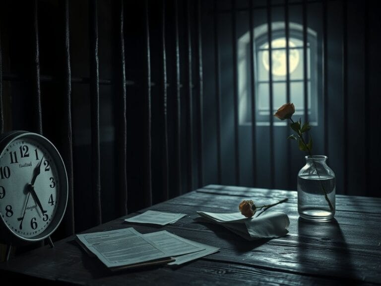 Flick International Dimly lit prison cell with heavy iron bars and a weathered clock, symbolizing the gravity of a life sentence
