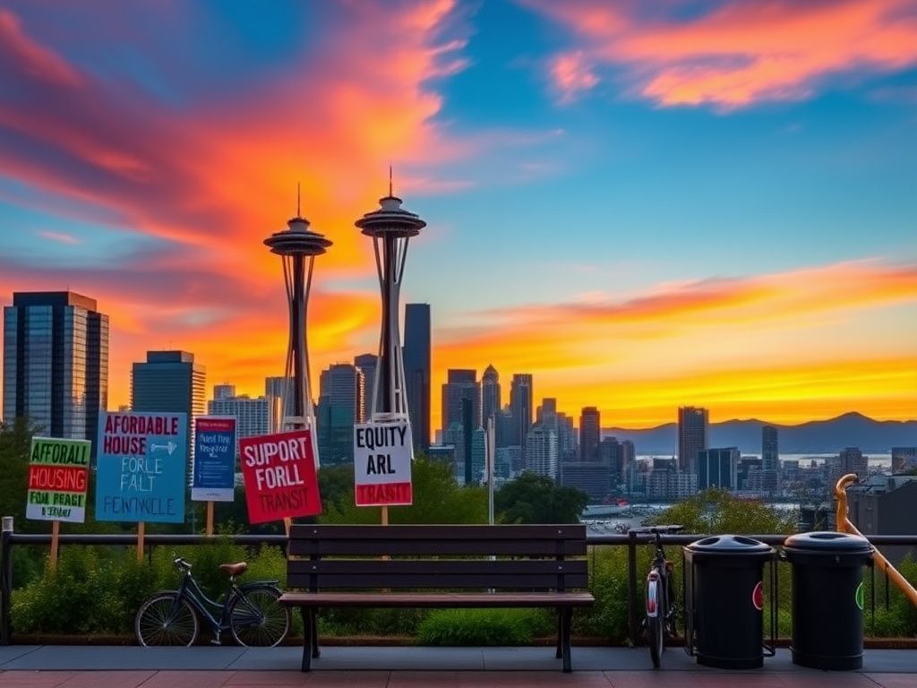 Flick International A vibrant Seattle cityscape at dusk with the Space Needle silhouetted