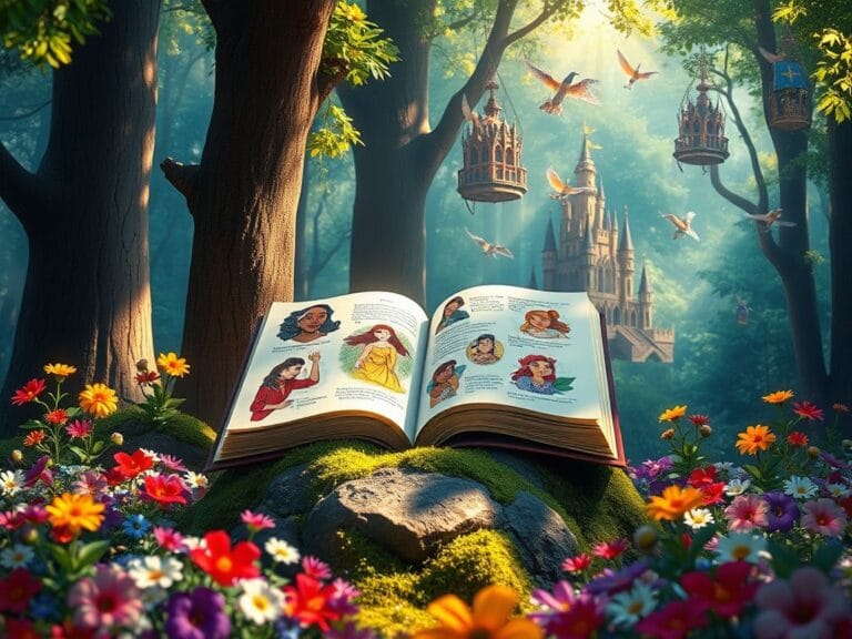 Flick International Enchanted forest scene with an open book showcasing diverse fairy tale characters