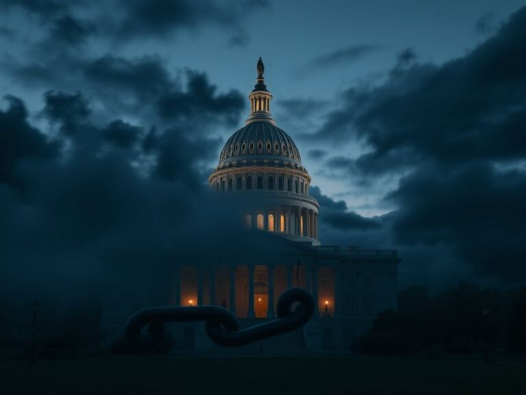 Flick International Dramatic depiction of the Capitol building at dusk with broken chain symbolizing government shutdown