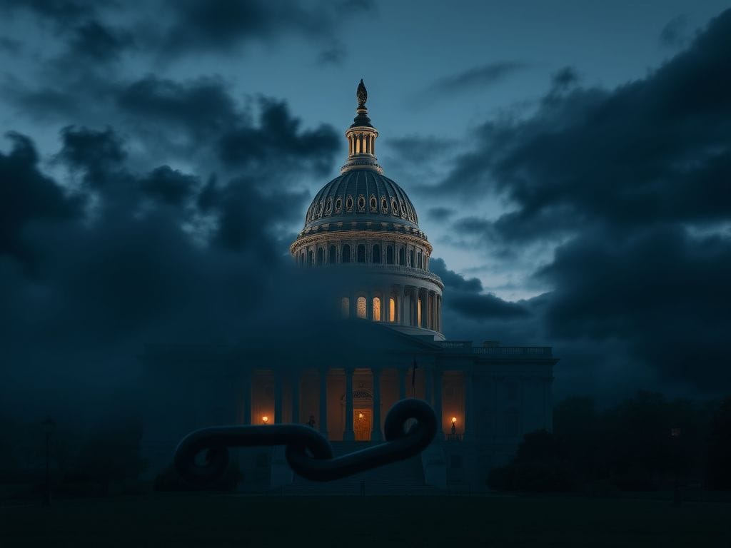 Flick International Dramatic depiction of the Capitol building at dusk with broken chain symbolizing government shutdown