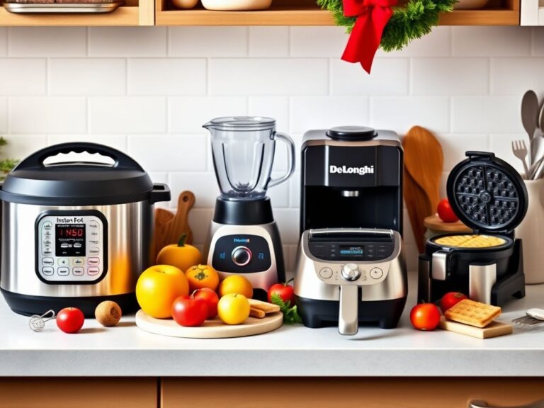 Flick International A vibrant kitchen countertop featuring a shiny Instant Pot, modern Vitamix blender, stylish De'Longhi espresso machine, and compact waffle maker surrounded by fresh ingredients.