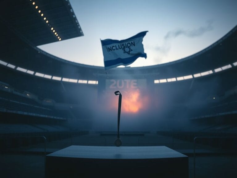 Flick International A stark, empty Olympic stadium symbolizing absence of athletes